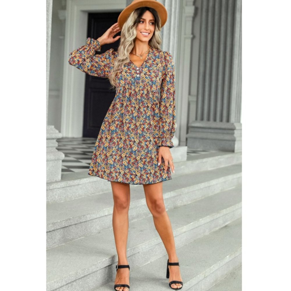 Floral Decorative Button Mini Dress - Picture 9 of 14